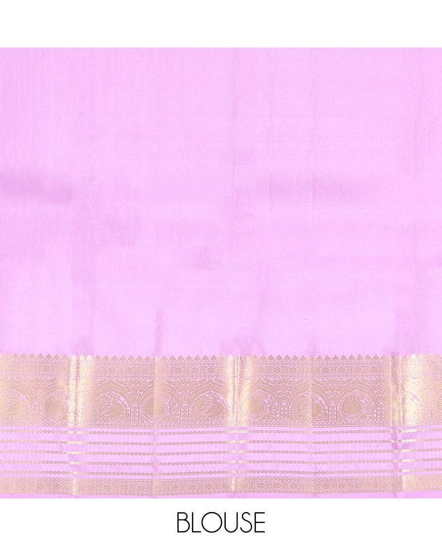 Pink Vasundhara Lite Silk Mix Saree, Adorned with Zari Buttas on Its Body, Complemented by a Contrast Border of Yaanai, Thilakam Mokku, Neli, Mayil, Arumbu Manga, and Kamalam Designs, Grand Ogee-Patterned Pallu, and Paired with a Contrast Blouse