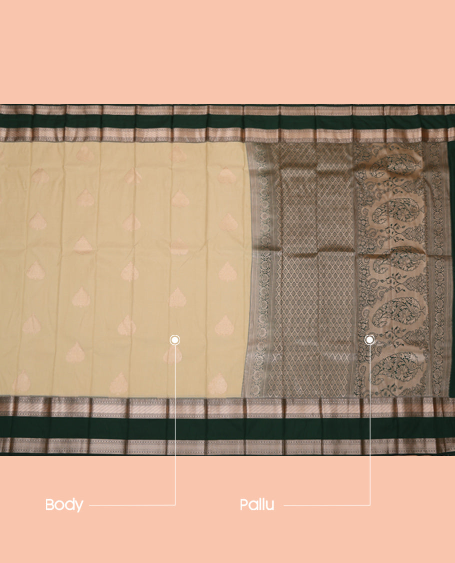 Sandal Budget Silk Saree, Subtly Sparkled with Zari Buttas, Complemented by a Contrast Traditional Zari Rettai Pettu Border, Jaal Pallu, and a Contrast Blouse