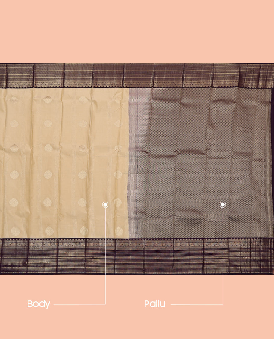 Cream Budget Silk Saree, Beautified with Zari Buttas and Stripes, Complemented by a Contrast Traditional Zari Border, Grand Pallu, and a Contrast Blouse