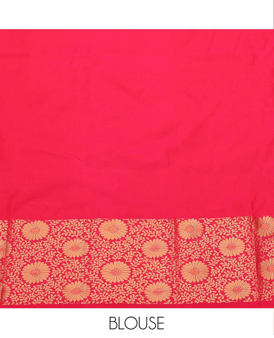 Orange Art Silk Pavadai Material Set, Enthralled with Floral Jaal Design on Its Skirt, Complemented by a Contrast Floral Zari Design Border, and Paired with a Contrast Blouse