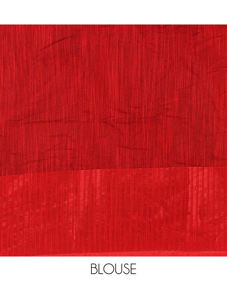 Black and red plain khadi mul cotton saree, contrast thread temple border, plain pallu, and a contrast plain blouse