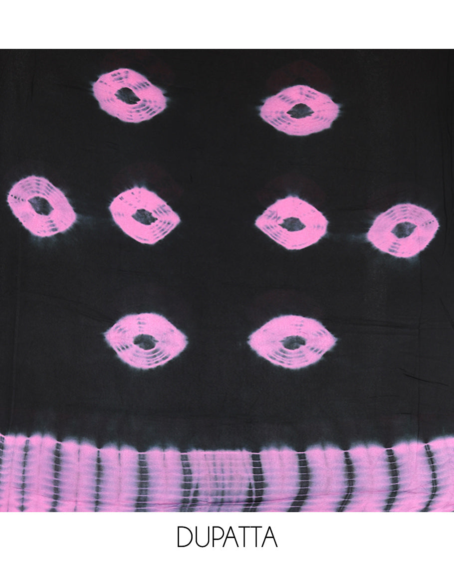 Black and Pink Material Chudidar Set , Elevated with Shibori Printed Viscose Georgette Top, a Contrast Plain Bottom, Paired with Shibori Printed Dupatta