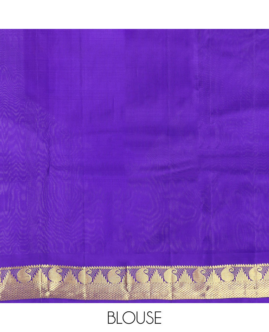 Yellow Kanchipuram Silk Saree, Subtly Sparkled with Zari Buttas, a Contrast Border of Thazampoo Rekku, Muthu, Manga, and Mayil Kann Designs, Zari Pallu, and a Contrast Blouse