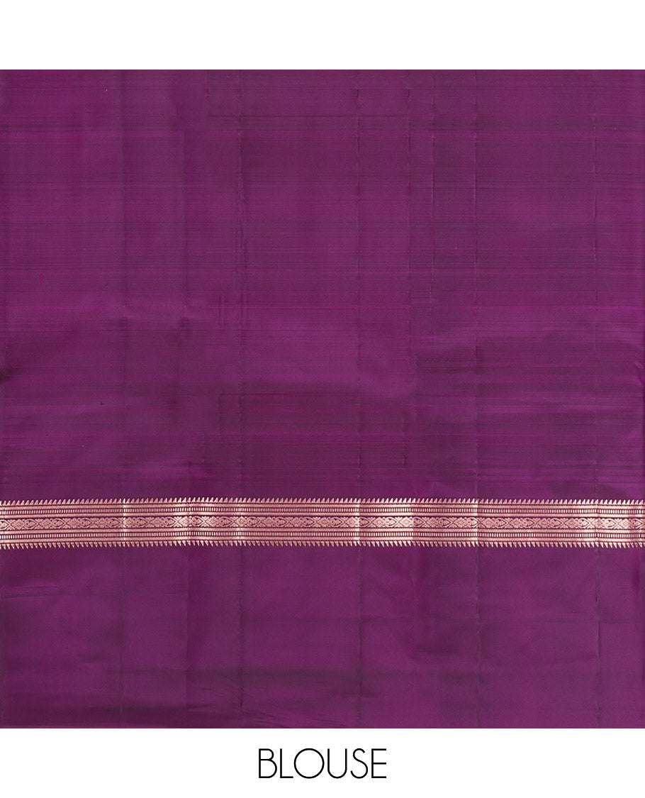 Purple Vasundhara Silk Saree, Artfully Detailed with Zari Buttas, Highlighted by a Zari Border of Rekku, Muthu, Jada Nagam, and Butta Enclosed Checks, Jaal Pallu, and a Matching Blouse
