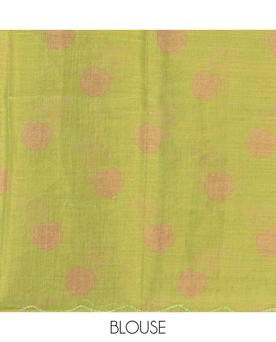 Gold and green rose motifs printed with mirror work tissue saree, scallop embroidered border, printed pallu, and a contrast blouse