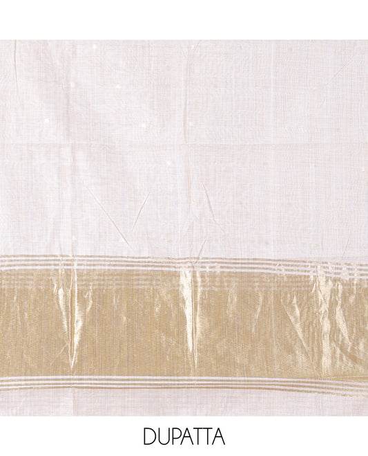 Cream Banarasi Chanderi Material Churidar Subtly Sparkled with Buttas Top, a Plain Bottom, and a Matching Dupatta