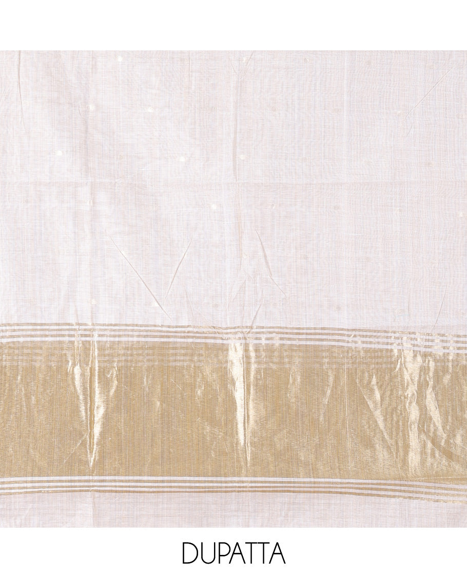 Cream Banarasi Chanderi Material Churidar Subtly Sparkled with Buttas Top, a Plain Bottom, and a Matching Dupatta