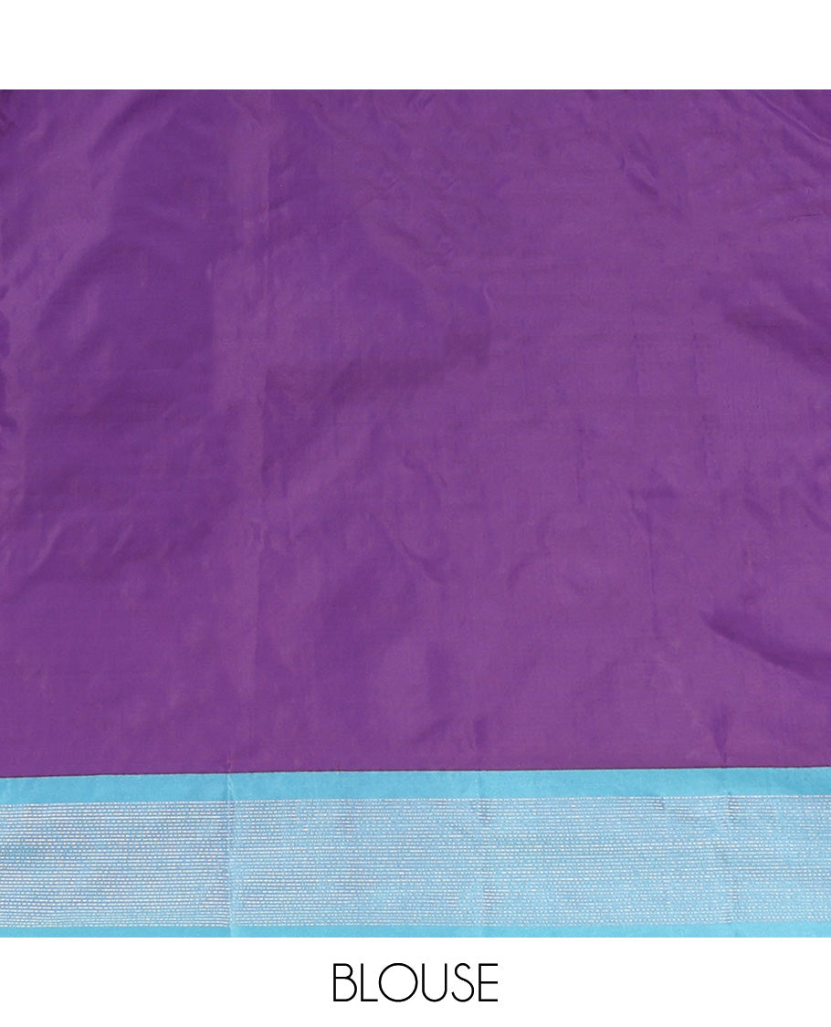 Violet Aarani Silk Saree, Embellished with Plus-Shaped Zari Buttas All Over Its Body, Complemented by a Contrast Zari Border, Pallu of Stripes, and Paired with a Matching Blouse