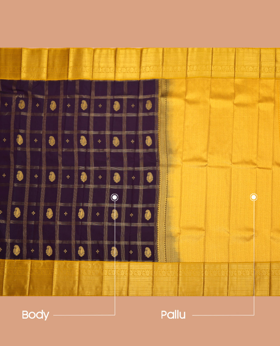 Purple Budget Silk Saree, Highlighted with Butta Enclosed Checks All Over Its Body, Complemented by a Contrast Traditional Zari Design Border, Grand Pallu, and Paired with a Contrast Blouse