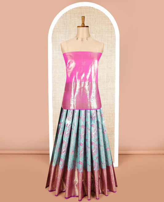 Light blue paisley design art sillk saree with contrast border of intricate zari designs, zari design blouse & floral design dhavani