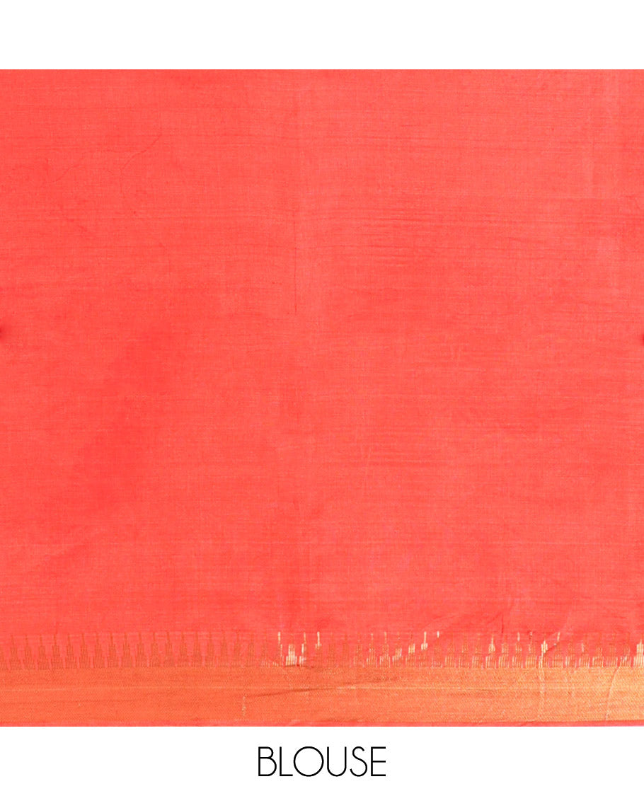 Red Plain Banana Pith Saree, a Zari Temple Border, Striped Pallu, and Matching Blouse