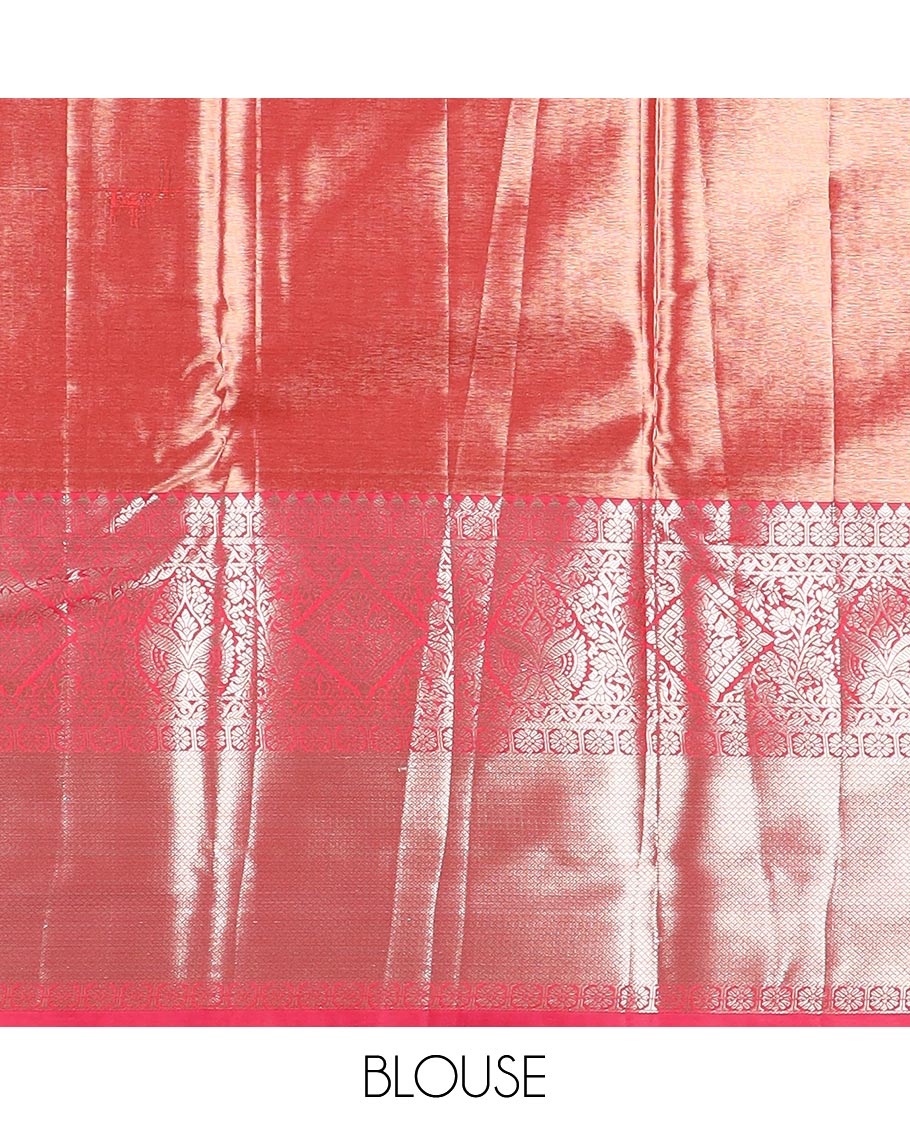 Peach jacquard budget silk saree, contrast traditional zari border, and jaal pallu