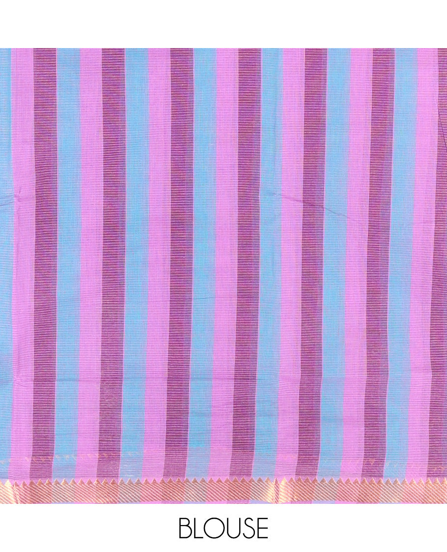 Purple Plain Andhra Cotton Saree Featuring Temple Zari Border, Contrast Striped Pallu, and a Contrast Blouse
