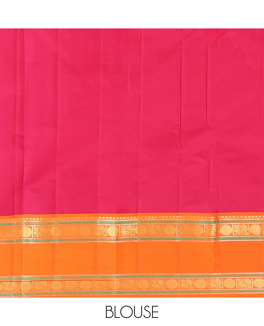 Sandal Vasundhara Lite Silk Mix Saree, Subtly Sparkled with Zari Buttas, a Contrast Ganga-Jamuna Rettai Pettu Border of Salngai, Neli, Mayil and Poun Designs, Grand Pallu, and a Contrast Blouse