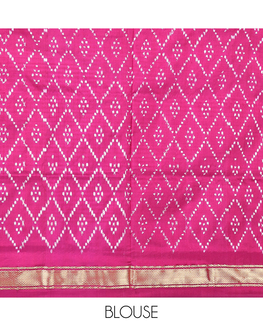 Pink Micro-Checked Pochampally Ikat Saree, a Contrast Temple Zari Border, Ikat-Style Jaal Pallu, and a Contrast Blouse