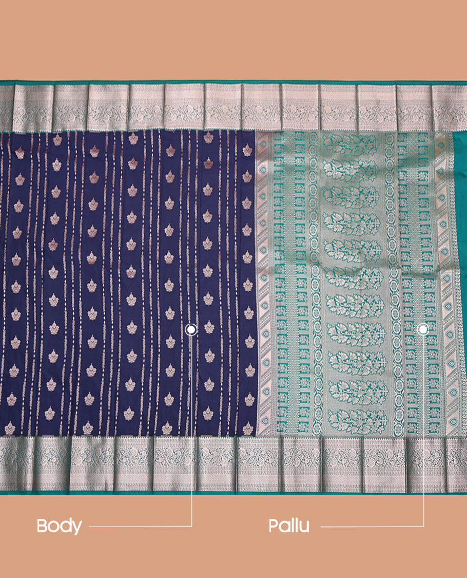 Blue Budget Silk Saree, Decked Up with Zari Buttas, Complemented by a Contrast Traditional Zari Border, Grand Pallu, and a Contrast Blouse