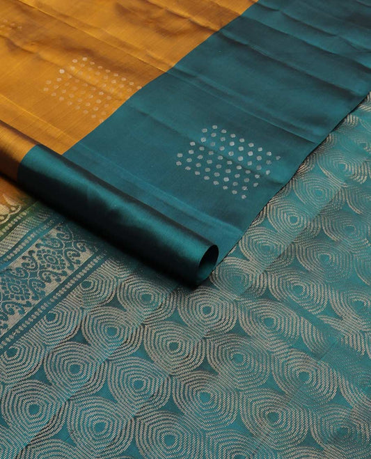 Mustard zari buttas silk mix saree, contrast zari buttas border & zari-rich geometric patterned pallu