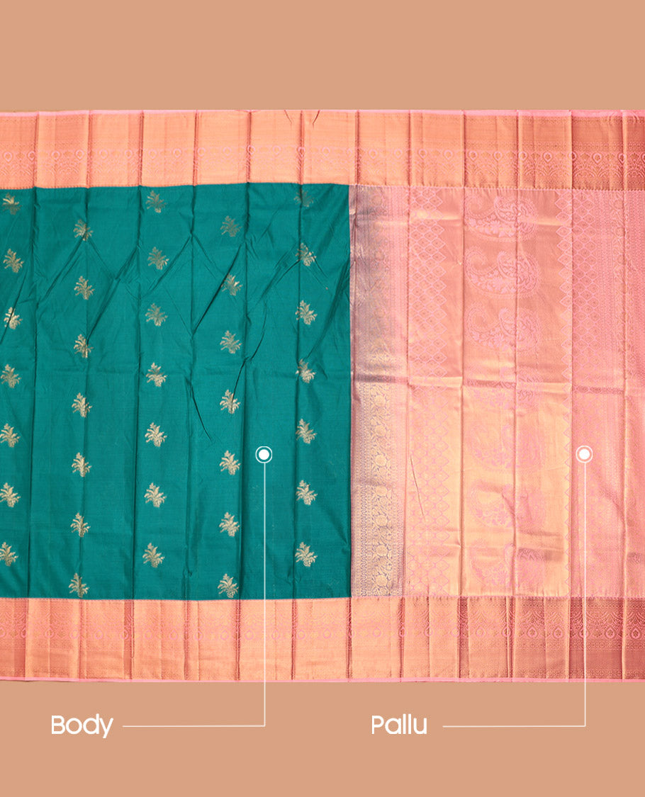 Green Budget Silk Saree, Embellished with Zari Buttas, Complemented by a Contrast Traditional Zari Border, Grand Pallu, and a Contrast Blouse