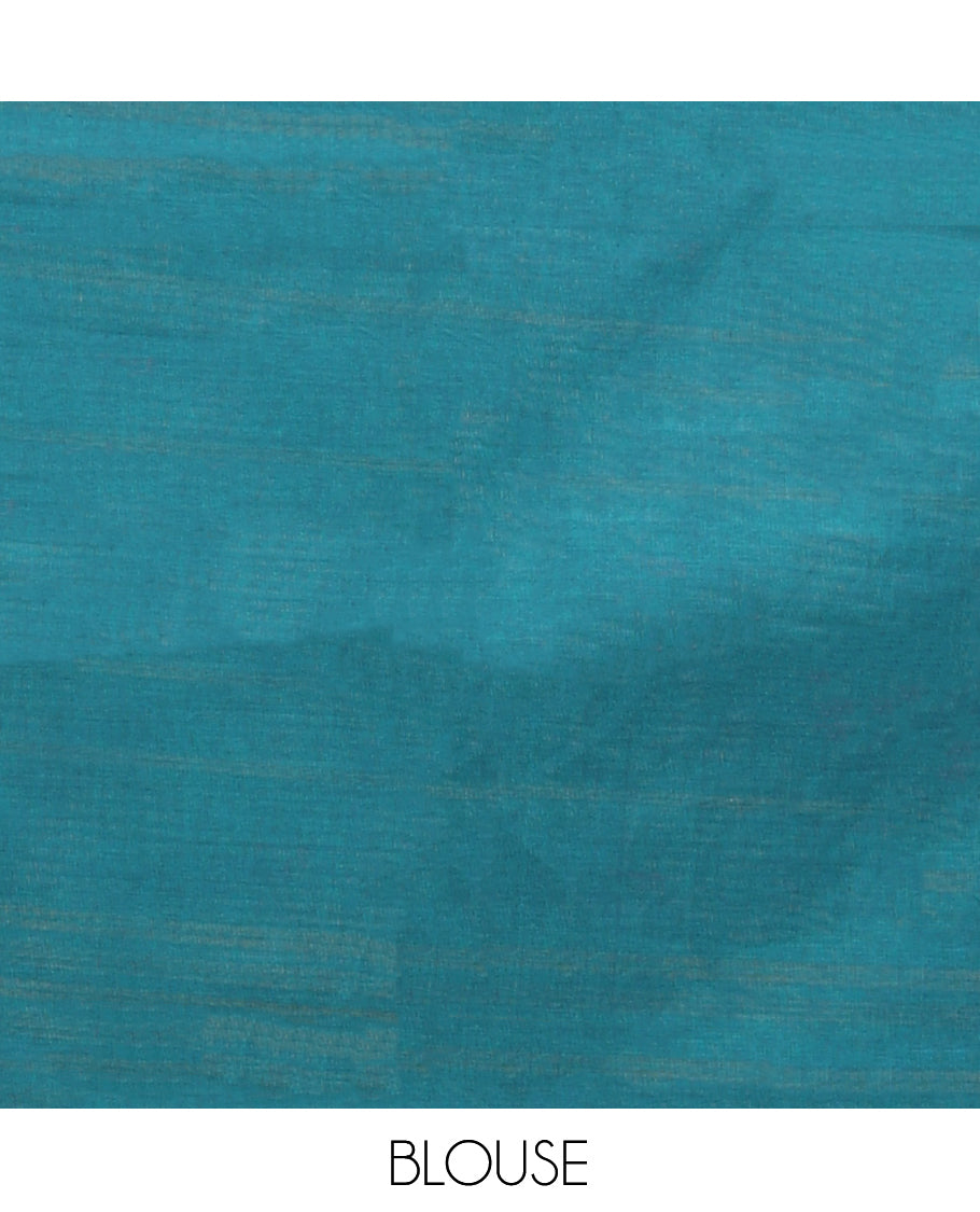 Blue Chettinad Cotton Saree, Steeped with Muniya Buttas on Its Body, Complemented by a Contrast Traditional Muniya Border, Pallu of Stripes, and Paired with a Matching Blouse