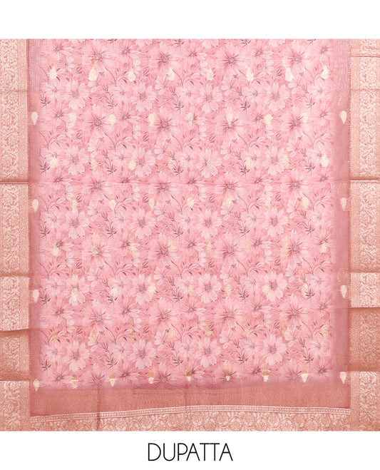 Cream-Pink Banarasi Tissue Chanderi Material Chudidar, Buttas Top, Contrast Bottom, Floral Print Dupatta