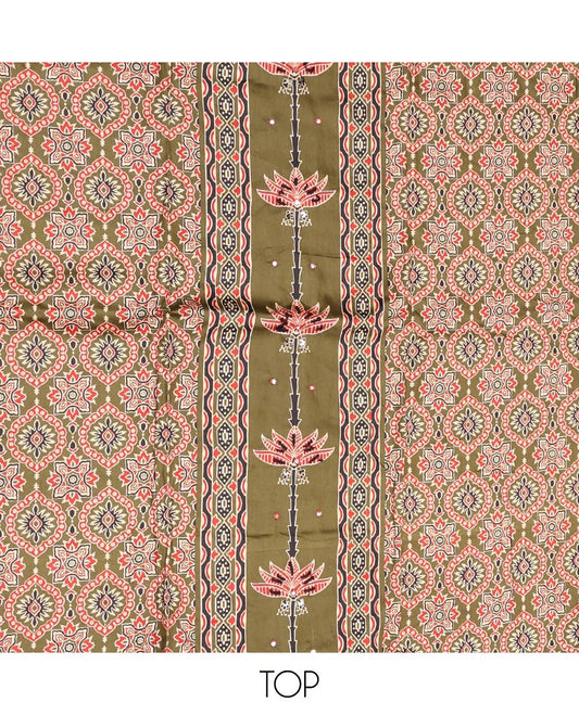 Green Material Chudidar Set, Artfully Detailed with Ajrakh Printed Cotton Top, Complemented by Printed Cotton  Bottom, and Paired with Floral Printed Cotton Dupatta