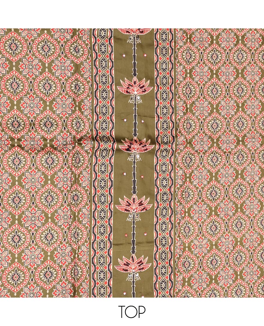 Green Material Chudidar Set, Artfully Detailed with Ajrakh Printed Cotton Top, Complemented by Printed Cotton  Bottom, and Paired with Floral Printed Cotton Dupatta
