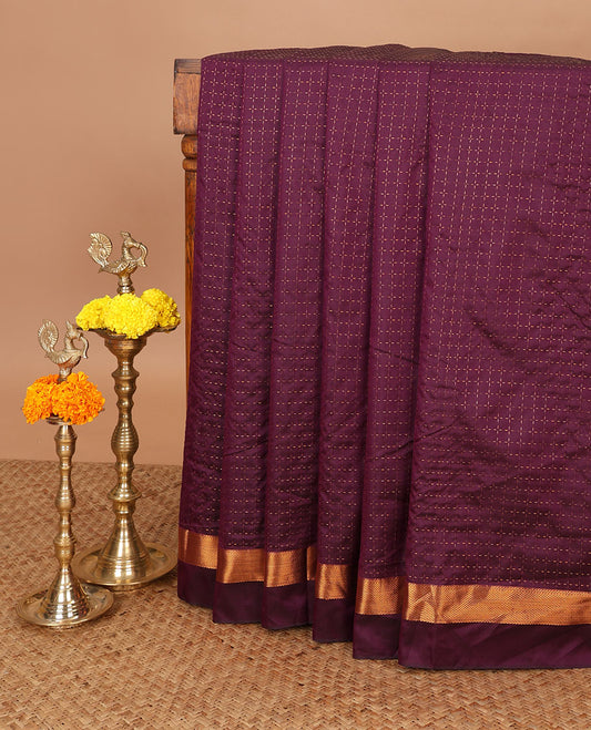 Purple zari butta mithra silk saree with zari butta border & chit pallu along with zari checked blouse