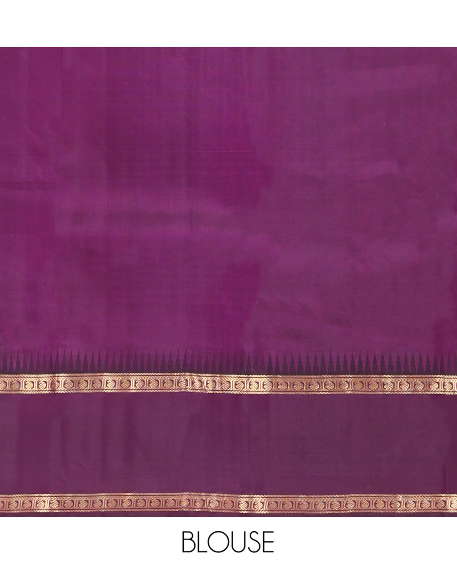 Green Vasundhara Silk Saree, Delicately Woven with Zari Buttas All Over Its Body, Complemented by a Contrast Rettai Pettu Temple Border of Banaras, and Manga Designs, Grand Jaal Pallu, and Paired with a Contrast Blouse