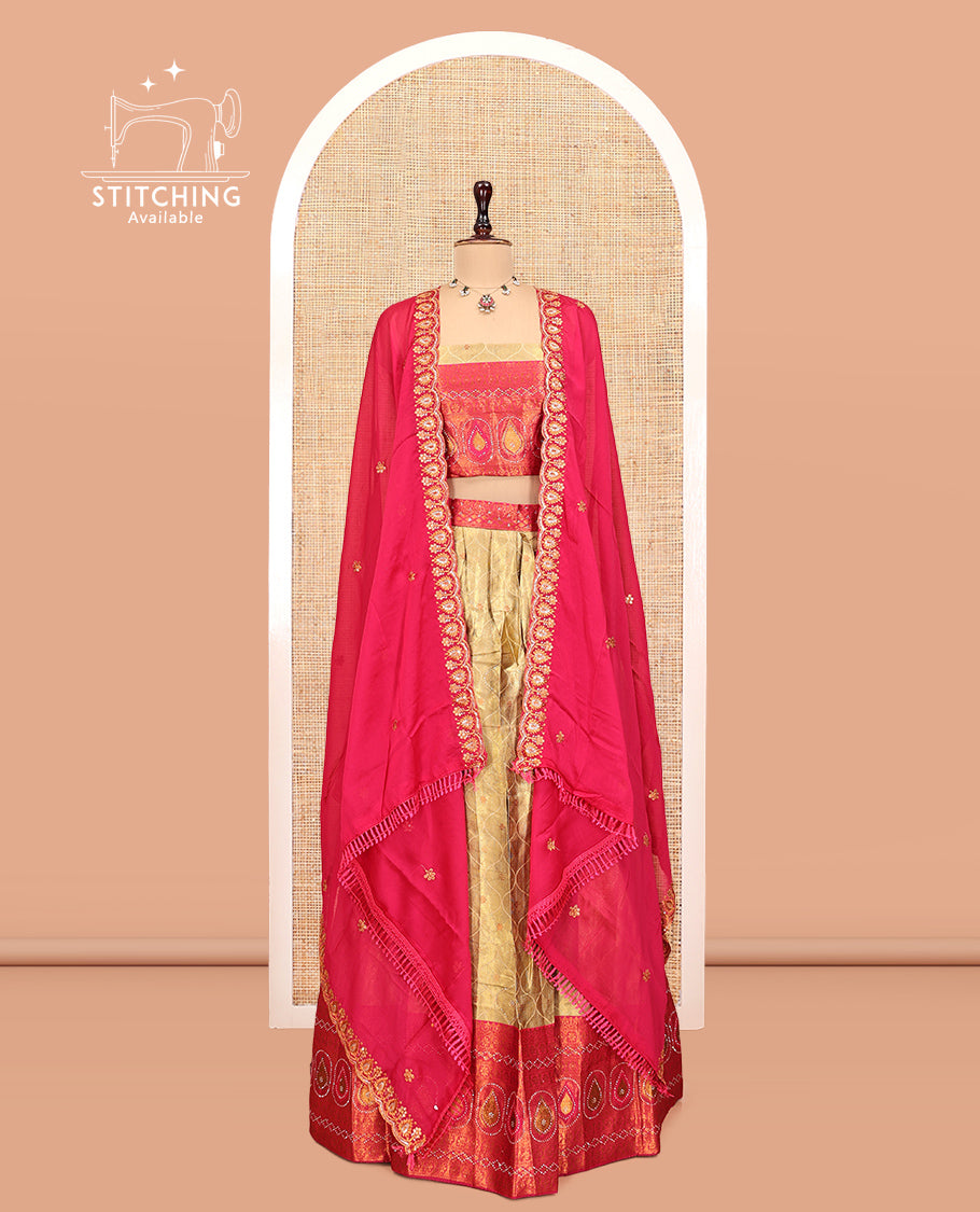 Gold-Pink Banarasi Half-Saree, Bedecked with Butta Enclosed Ogee Design, a Contrast Traditional Zari Stone Work Border, a Matching Blouse, and a Contrast Embroidered Dhavani