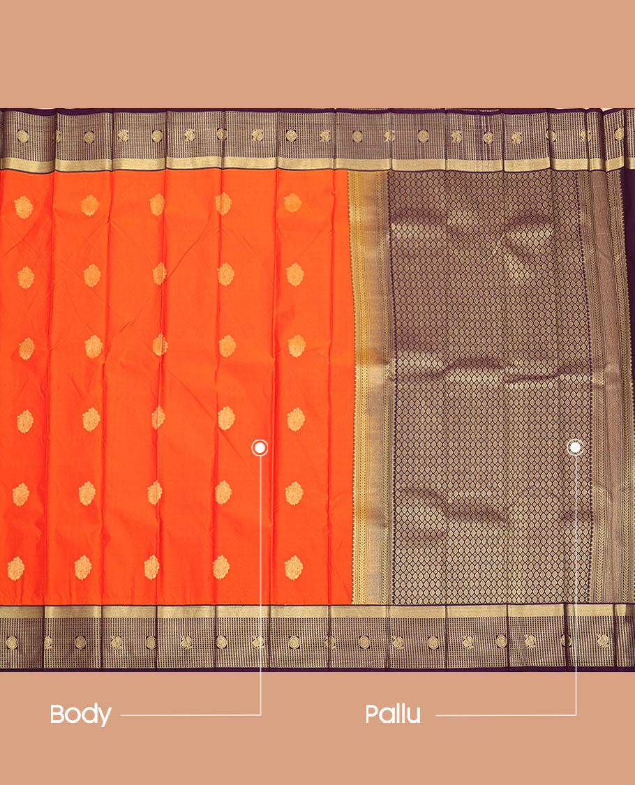 Orange Budget Silk Saree, Enriched with Zari Buttas All Over Its Body, Complemented by a Contrast  Zari Checked Border of Peacock-Chakram Designs, Grandly Designed Pallu, and Paired with a Contrast Blouse