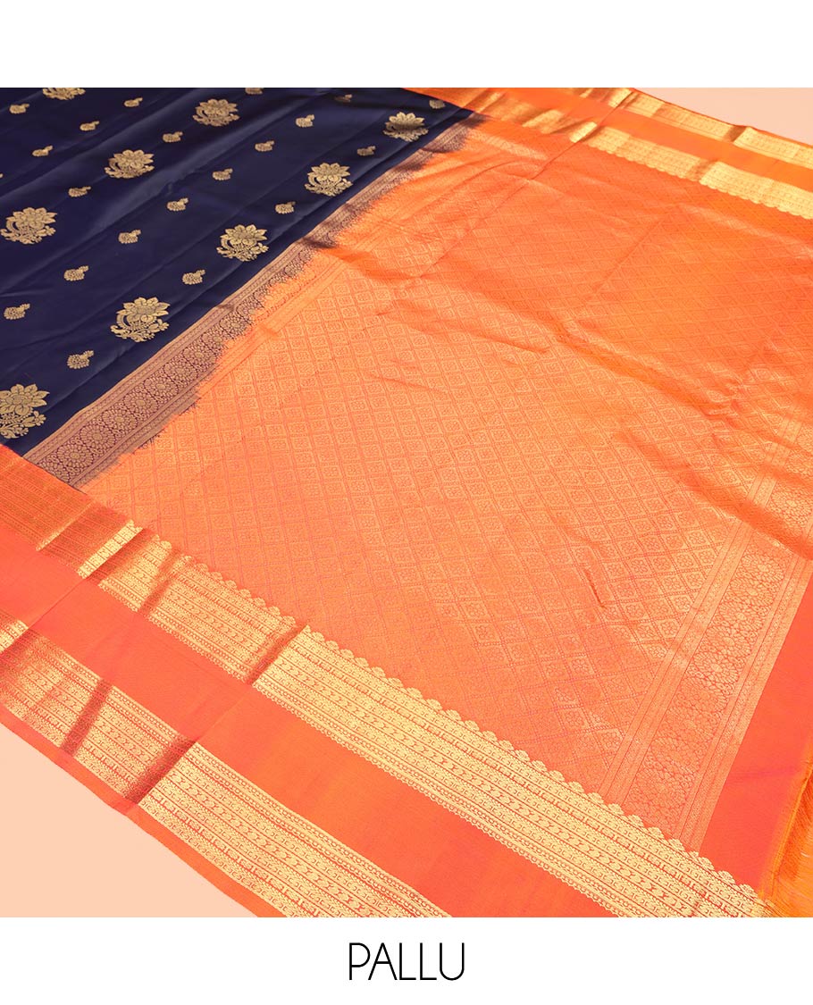 Blue Zari Buttas Vasundhara Silk Saree, Complemented by a Contrast Rettai Pettu Border of Salngai, Muthu, Kathir, Banaras, Manga, and Kamalam Designs, Jaal Pallu, and Contrast Blouse