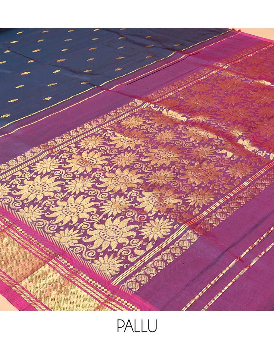 Blue Kanchipuram Silk Saree, Highlighted with Zari Buttas, Complemented by a Contrast Border of Panner Sombu, Banaras, and Jaal Design, Zari Design Pallu, and No Blouse