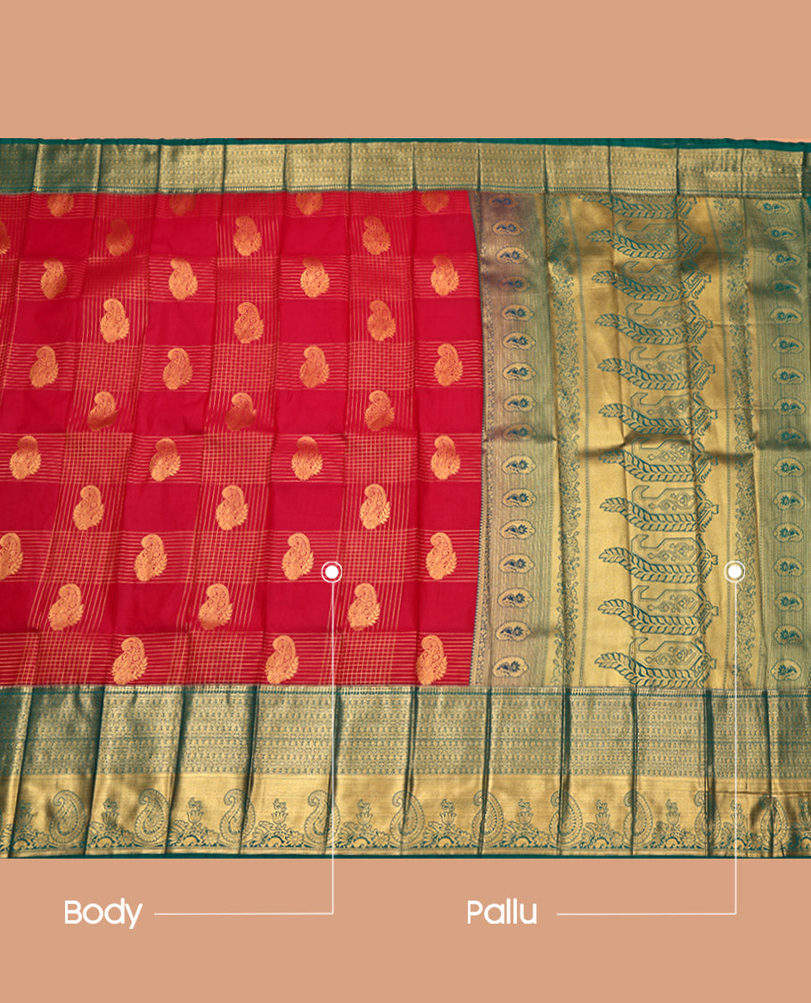 Red Budget Silk Saree, Bedecked with Zari Buttas and Checks, Complemented by a Contrast Traditional Zari Border, Grand Pallu, and a Contrast Blouse