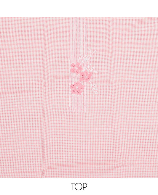Pink Cotton Material Churidar Set, Beautified with Checked and Floral Embroidery Top, Plain Bottom, and Floral Printed Dupatta