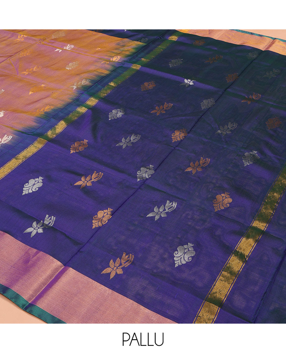 Purple-Mustard Dual-Tone Uppada Silk Saree, Accentuated with Zari Buttas on Its Body, Complemented by a Contrast Plain Border, Pallu Steeped with Zari Buttas, and Paired with a Contrast Blouse