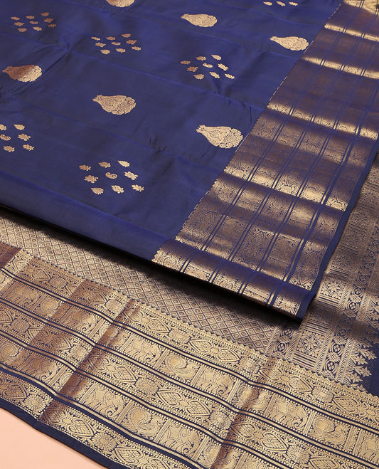 Blue Vasundhara Lite Silk Mix Saree, Enriched with Zari Buttas on Its Body, Highlighted by a Zari Border of Muthu, Neli, Jada Nagam, Mayil, and Yaanai Designs, Majestically Detailed Jaal Pallu, and Paired with a Matching Blouse