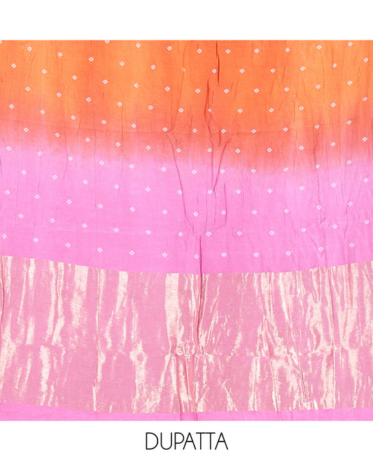 Pink and Orange Semi-Silk Material Churidar Set, Accentuated with Bandhani Dots Print, Comes with a Plain Santoon Bottom, and Paired with a Double-Colored Dupatta of Bandhani Dots Print