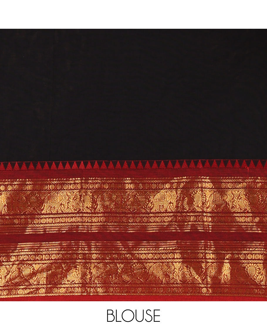 Black-red sungudi cotton half-saree, plain with contrast traditional zari varisai pettu bordered skirt, a matching blouse, and a zari bordered dhavani