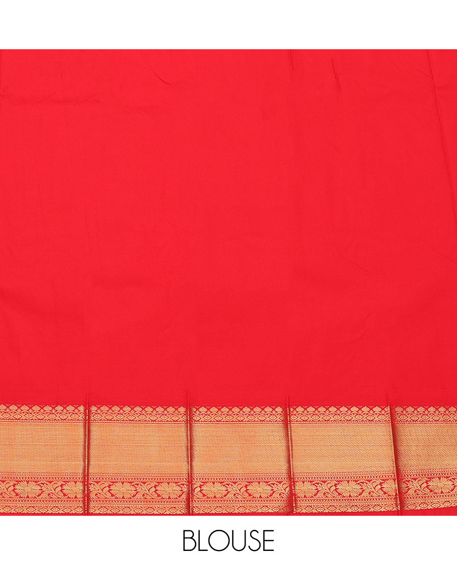 Orange Budget Silk Saree, Gleamed Up with Zari Buttas, Complemented by a Contrast Traditional Zari Border, Grand Pallu, and Contrast Blouse