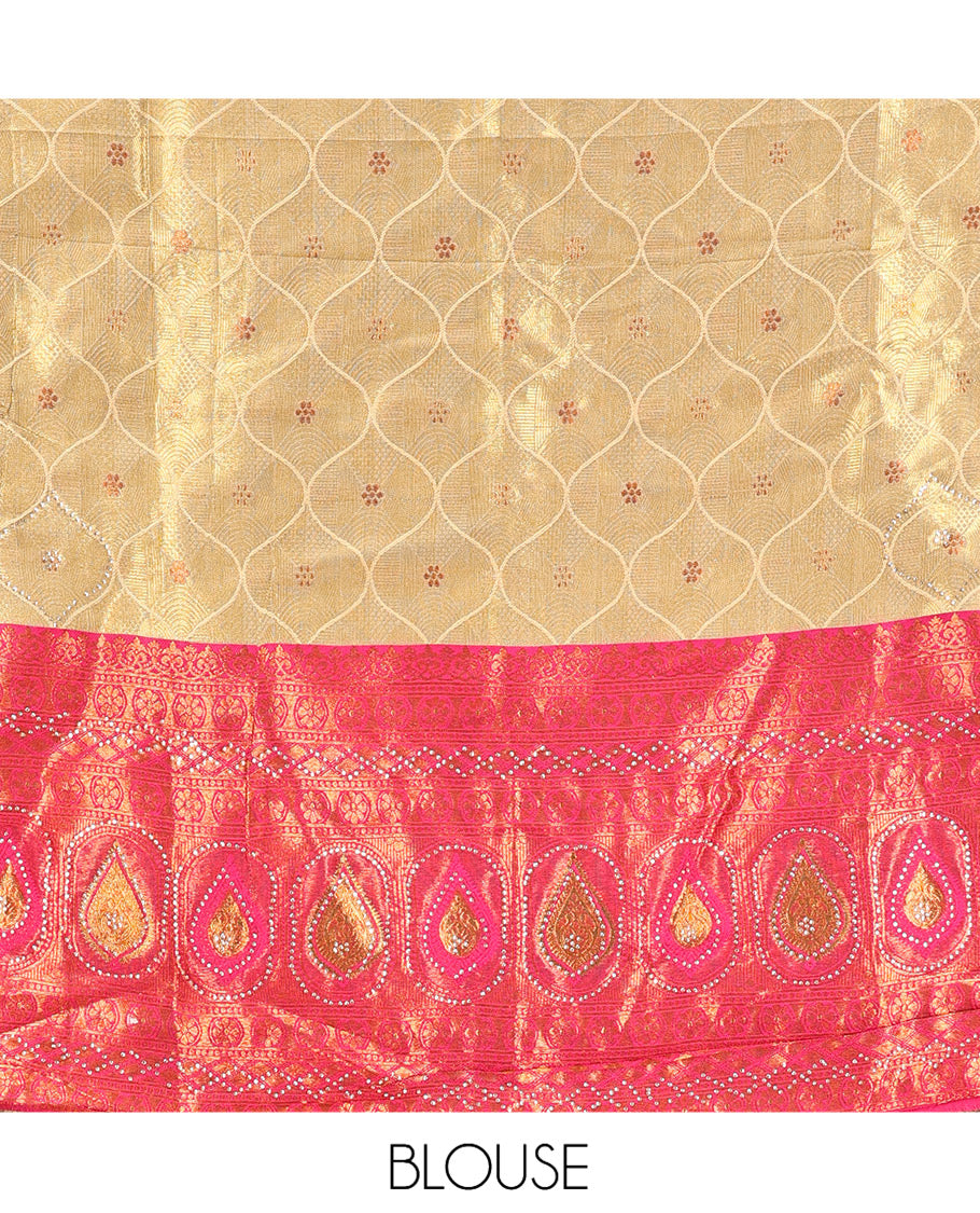 Gold-Pink Banarasi Half-Saree, Bedecked with Butta Enclosed Ogee Design, a Contrast Traditional Zari Stone Work Border, a Matching Blouse, and a Contrast Embroidered Dhavani