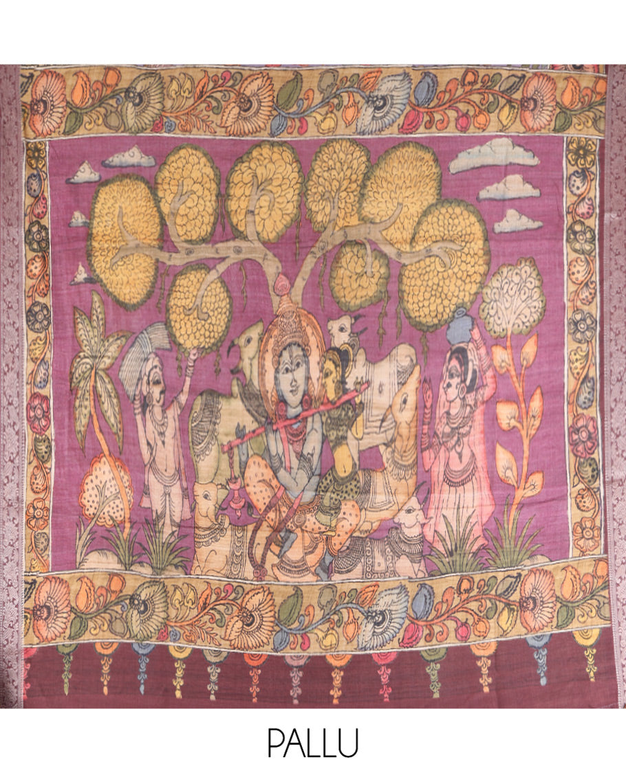 Lavender Kalamkari Printed Fancy Tussar Saree