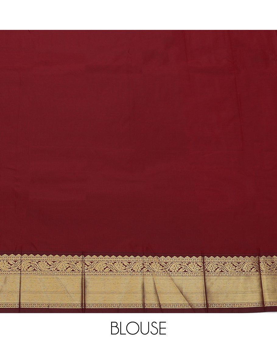 Orange Budget Silk Saree, Decorated with Zari Buttas and Checks, Complemented by a Contrast Traditional Zari Border, Grand Pallu, and a Contrast Blouse