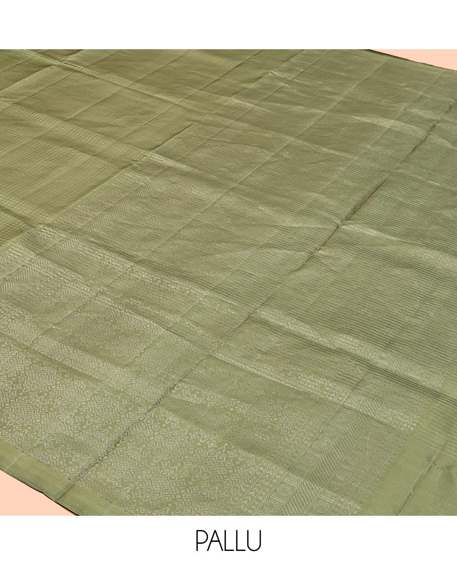 Green Mayuri Soft Silk Saree, Subtly Sparkled with Buttas, a Zari Border, Sparsely Woven Pallu, and a Matching Blouse