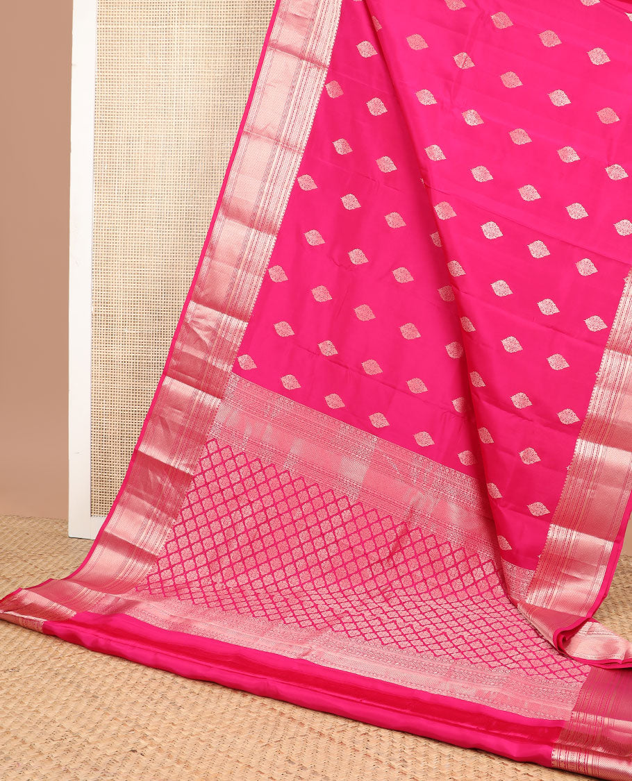 Pink buttas silk saree with self border of thilakam mokku, mayil kann , banaras design & zari design pallu