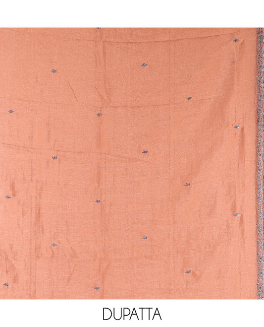 Onion Pink Vichitra Silk Material Chudidar Set, Adorned with Embroidered Top, a Plain Santoon Bottom, and Paired with a Matching Vichitra Silk Embroidered Scallop Dupatta