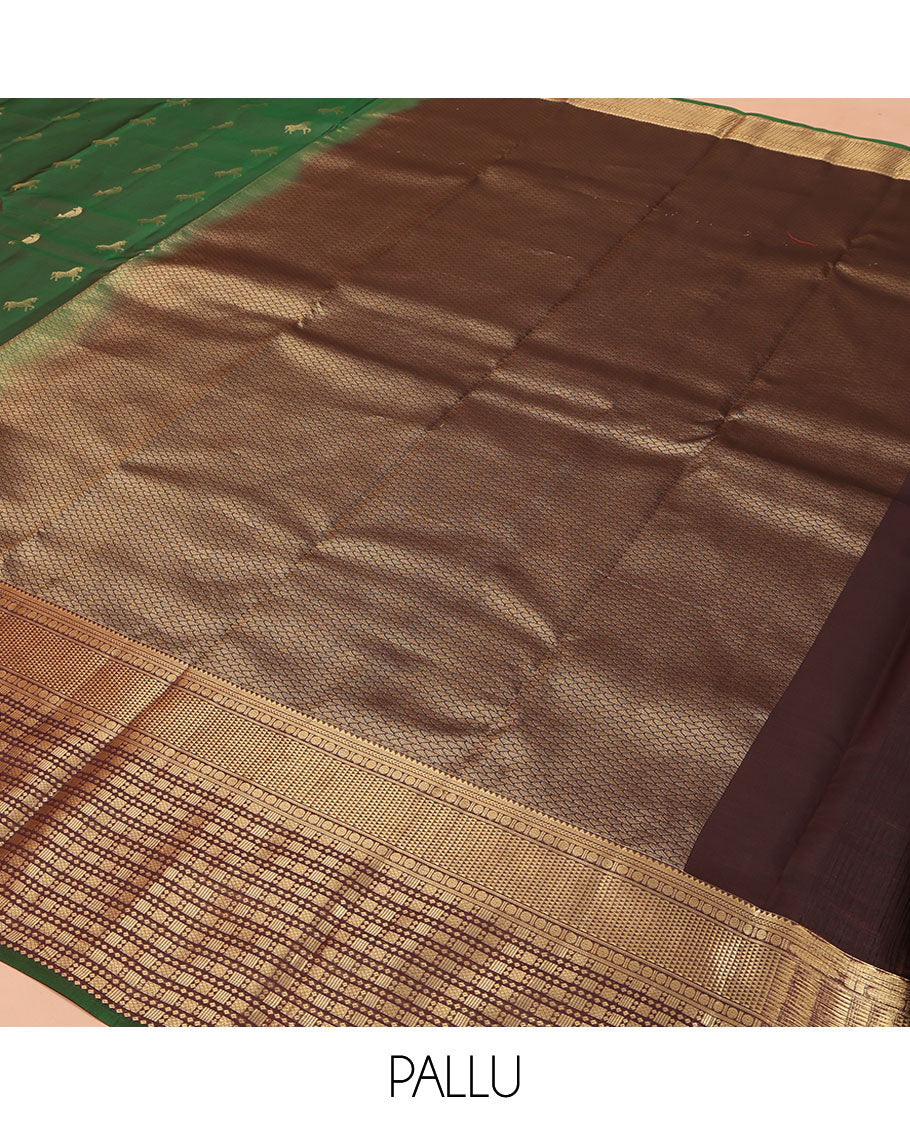 Green Vasundhara Lite Silk Mix Saree, Majestically Detailed with Zari Buttas on Its Body, Complemented by a Contrast Border of Rekku, Kathir, Rudraksham, and Ara Maadam Designs, Grand Geometric Patterned Pallu, and Paired with a Contrast Blouse