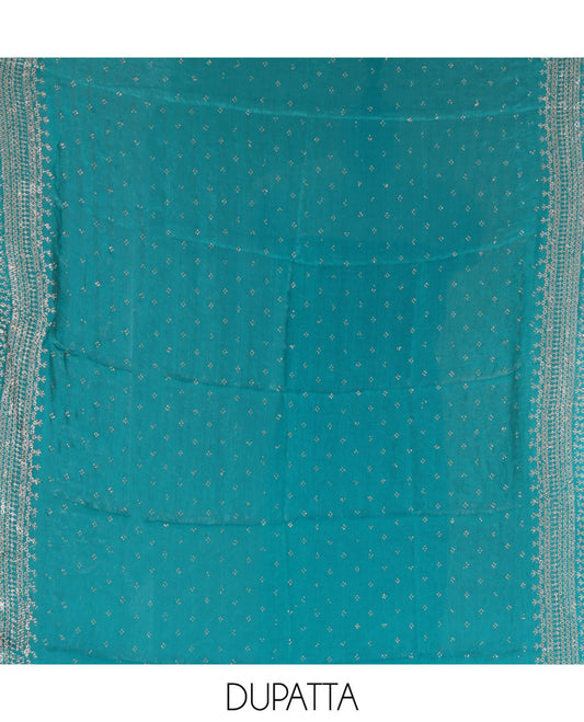 Rama Green Fendi Organza Material Chudidar Fetaures Pom-Pom-Neckline Top, Plain Bottom, and Scallop Embroidered Dupatta