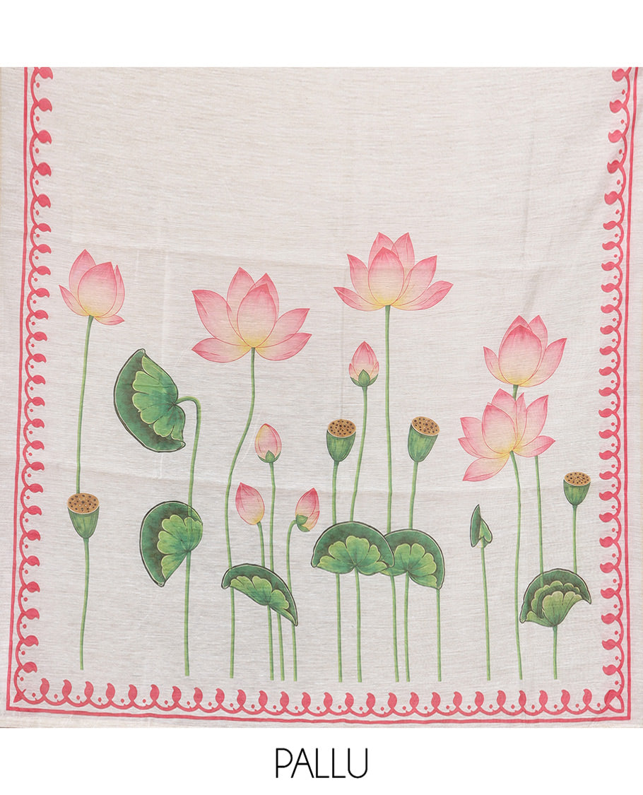 Chikku Jute Cotton Saree, a Subtle Paisley Printed Border, Pichwai Lotus Printed Pallu, and a Matching Blouse