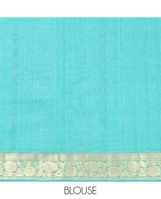 Turquoise Silk Cotton Saree, Sparsely Woven with Zari Buttas, Contrast Floral Creeper Border, Intricate Pallu, and a Contrast Blouse