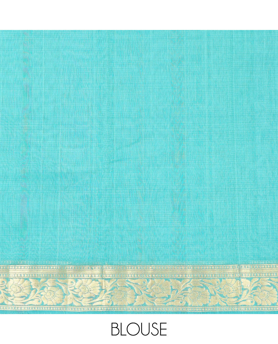 Turquoise Silk Cotton Saree, Sparsely Woven with Zari Buttas, Contrast Floral Creeper Border, Intricate Pallu, and a Contrast Blouse